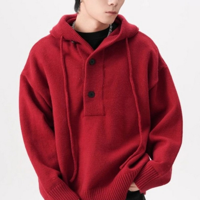 제이티엘 남성용 캐주얼 버튼 프론트 단추 후드 루즈핏 니트