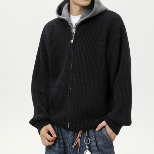 제이티엘 코디 레이어드 후드 컬러 배색 집업 니트