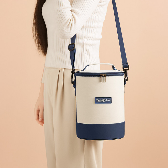 MEO 크로스 보온보냉 원통형 도시락 가방, 네이비, 1개