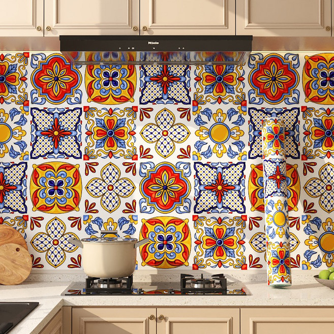 아느로 유럽풍 복고풍 주방 욕실 리폼 타일 시트지, 따뜻한 꽃무늬