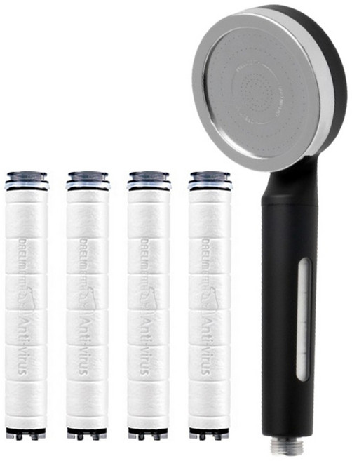 DAELIM BATH Dclean 多功能濾芯加寬型蓮蓬頭 + 多功能濾芯 4個, 黑色 + 銀色, 1套