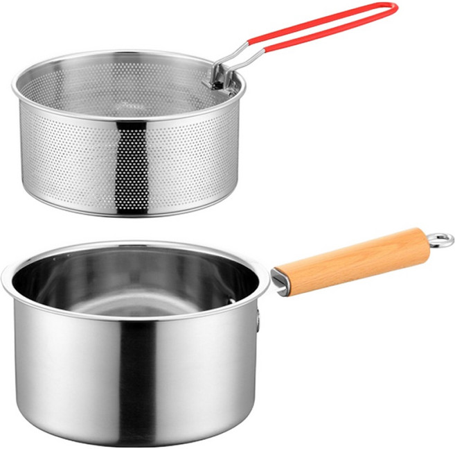 Kyhome 不鏽鋼油炸鍋/煮奶鍋/料理鍋 + 濾網油炸籃, 銀色, 1套, 18cm