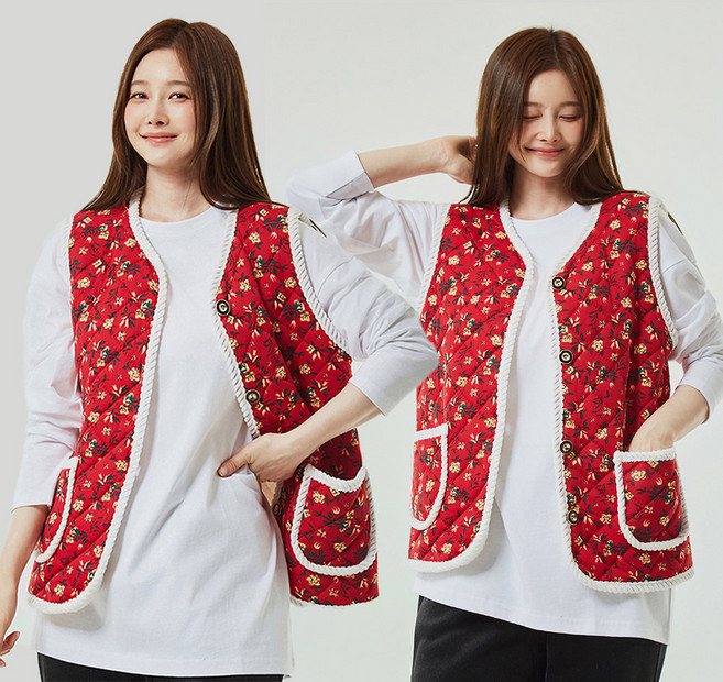 lucky bear 男女通用 朴槿惠款 花朵圖案 鄉村度假 絎縫 羊毛背心 2件組