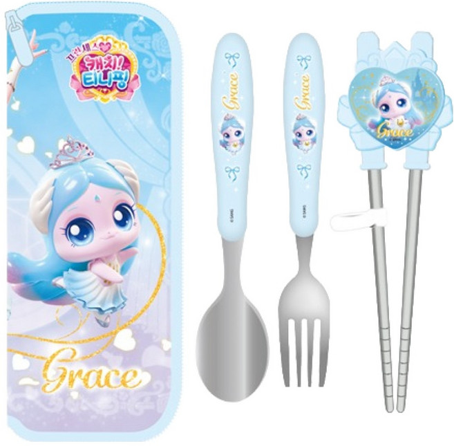 르번 프린세스 캐치티니핑 알찬 교정 젓가락 풀세트, 사뿐핑, 1세트, 스푼 + 포크 + 젓가락 + 케이스