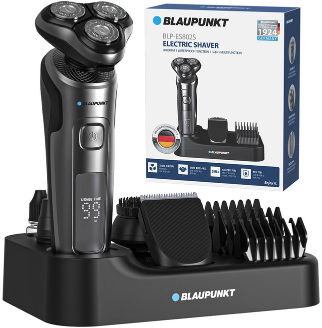 블라우풍트 IPX6 방수 5 in 1 3D 플렉스 쉐이버 3헤드 전기면도기 거치대, BLP-ES802S, 블랙