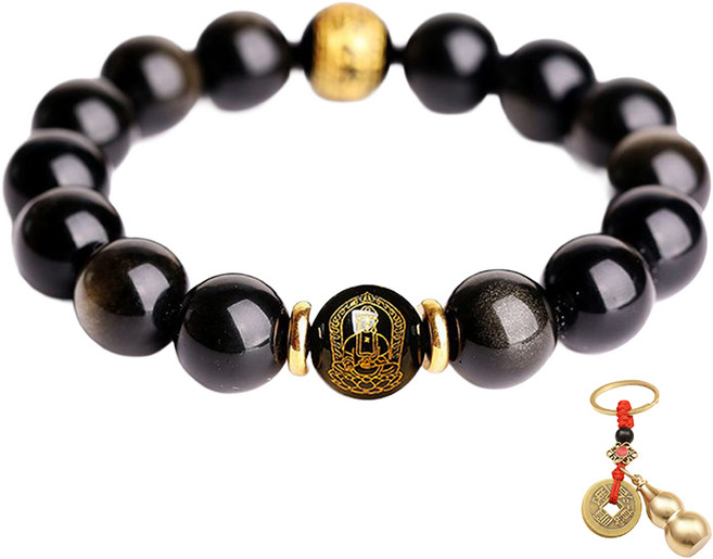 Buddha best 黑曜石許願12生肖念珠手鍊 + 12生肖古錢幣鑰匙圈套組