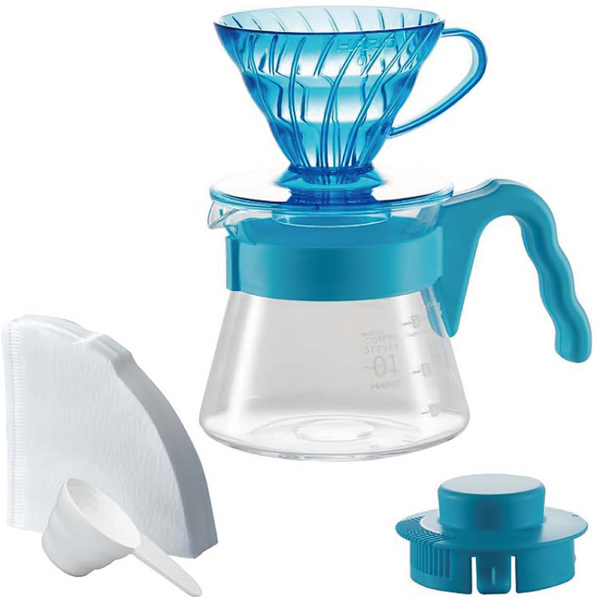 HARIO 好璃奧 V60 20周年海洋藍手沖咖啡壺組 VCSD-01-20CP-BH, 1套, 樹脂濾杯 + 玻璃咖啡壺 + 濾紙 + 量匙, 450ml