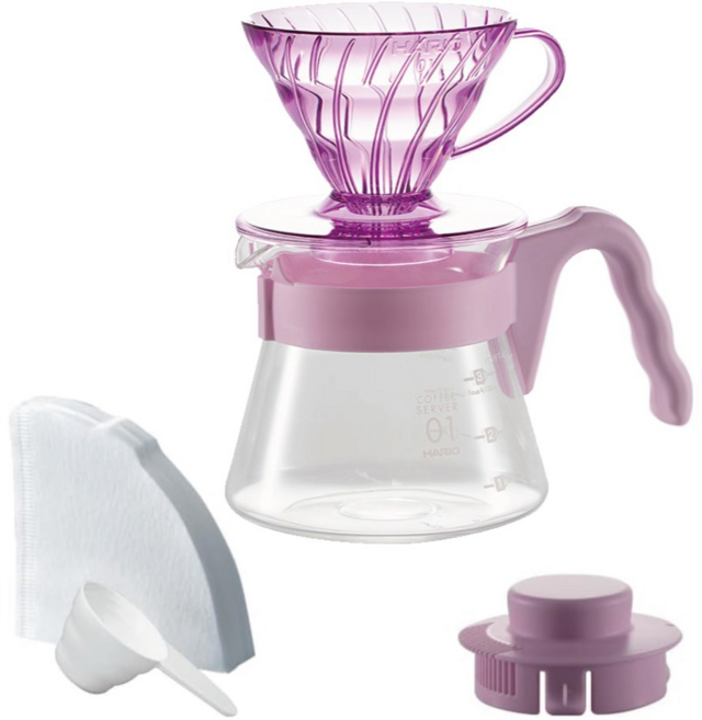 HARIO 好璃奧 V60 20周年玫瑰粉手沖咖啡壺組 VCSD-01-20CP-RM, 1套, 樹脂濾杯 + 玻璃咖啡壺 + 濾紙 + 量匙, 450ml