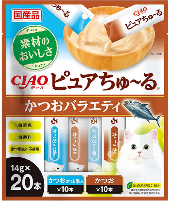 챠오츄르 이나바 고양이 퓨어 버라이어티 간식 14g x 2종 x 10p 세트 SC-542, 가다랑어, 280g, 1세트