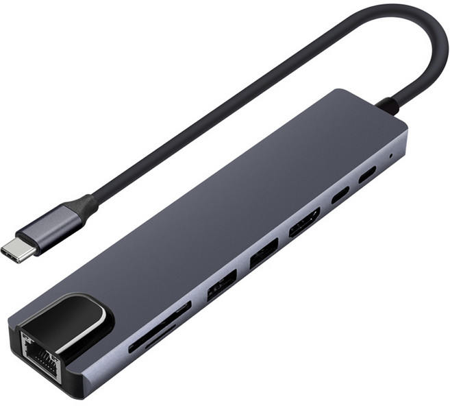 Coms 轉換器 8合1 HDMI 4K PD 乙太網路 SD卡 USB C型 多功能集線器 擴充座 TB999, 1個, 單一顏色