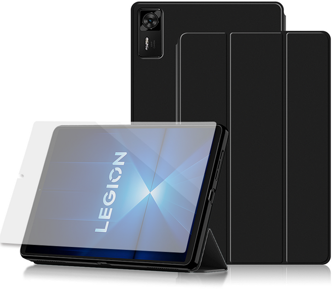 KANTAM Lenovo Y700 4代 皮革保護殼 + 鋼化玻璃套組, 1套, 黑色