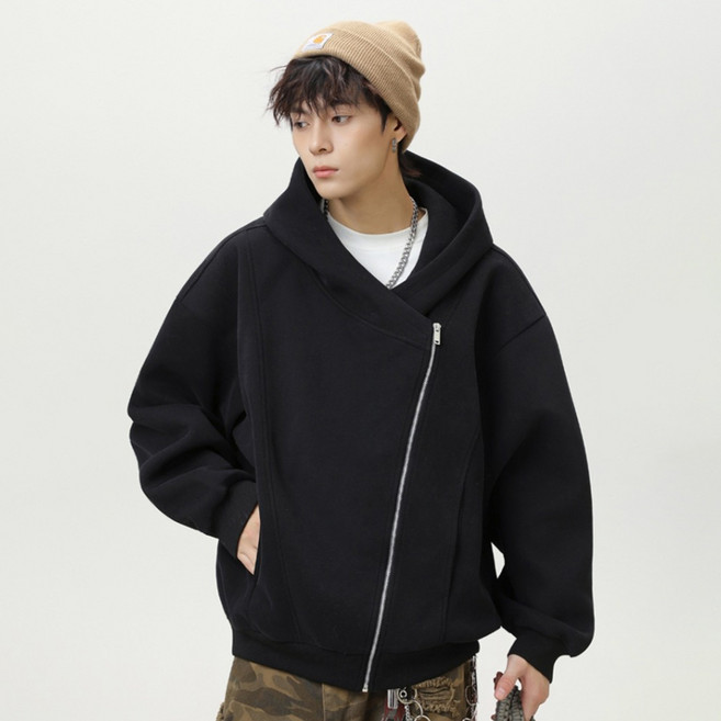 제이티엘 남성용 언발란스 사선 지퍼 캐주얼 데일리 후드 집업