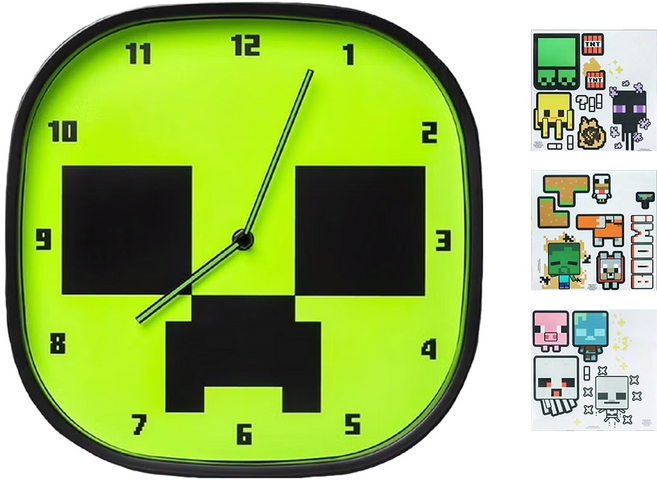 paladone Minecraft 麥塊 苦力怕造型 夜光掛鐘 ＋ 壁貼, 1套