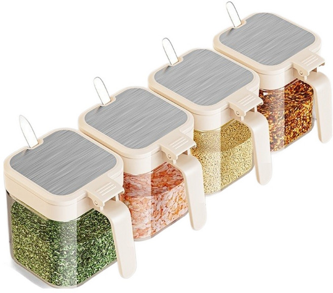 Our Works 玻璃密封調味罐組 象牙白, 1套, 調味罐 4入 + 湯匙 4入