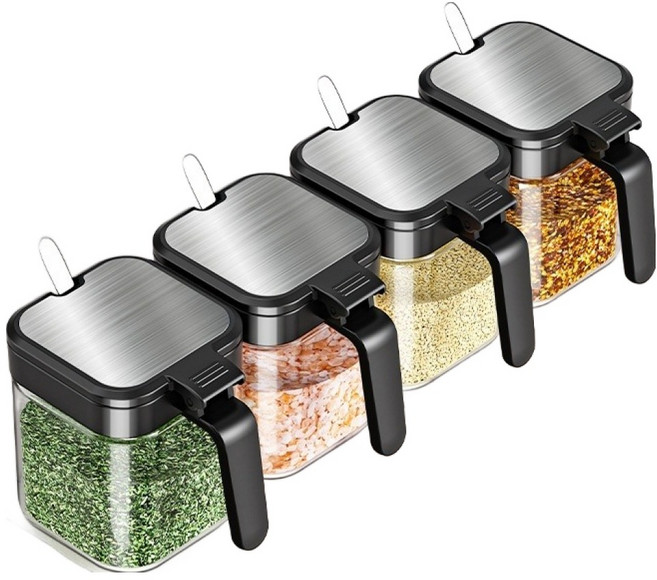 아워웍스 유리 밀폐 양념통 세트 블랙, 1세트, 양념통 4p + 스푼 4p