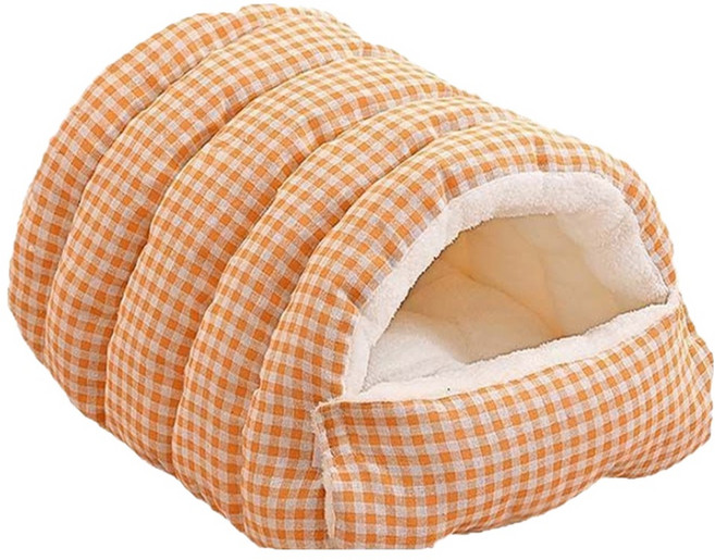 Mega 冬季毛毛北極絨保暖封閉寵物窩, 橘格子, 1個