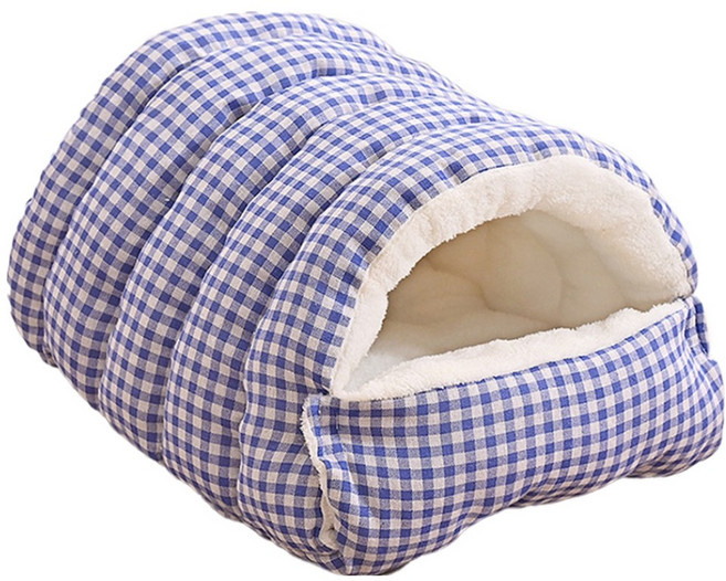 Mega冬季毛毛北極絨保暖封閉寵物窩, 藍格子, 1個