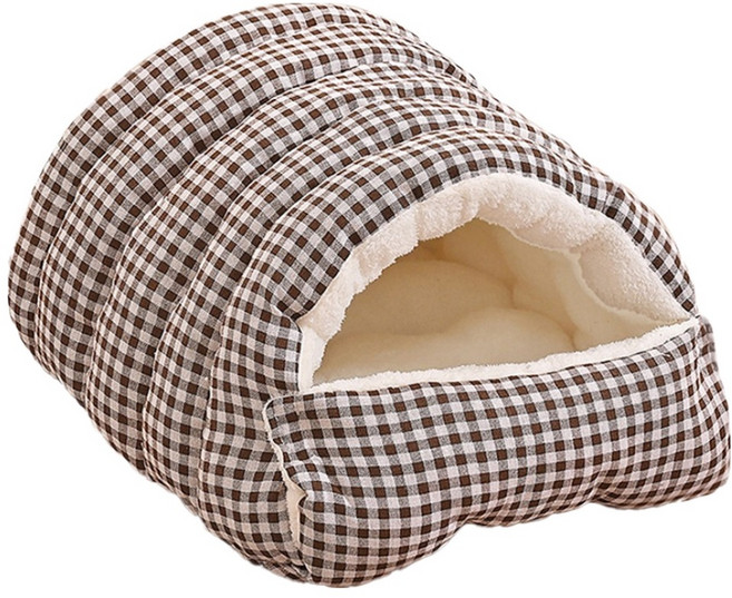 Mega 冬季毛毛北極絨保暖封閉寵物窩, 咖啡格子, 1個