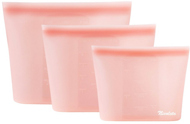 Nicoleta 頂級矽膠保鮮密封袋 500ml + 1L + 1.5L 套組, 蜜桃色, 1套