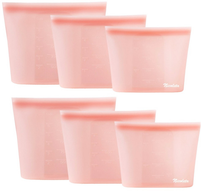 Nicoleta 頂級矽膠保鮮密封袋 500ml x 2入 + 1L x 2入 + 1.5L x 2入 套組, 蜜桃色, 蜜桃色, 1套