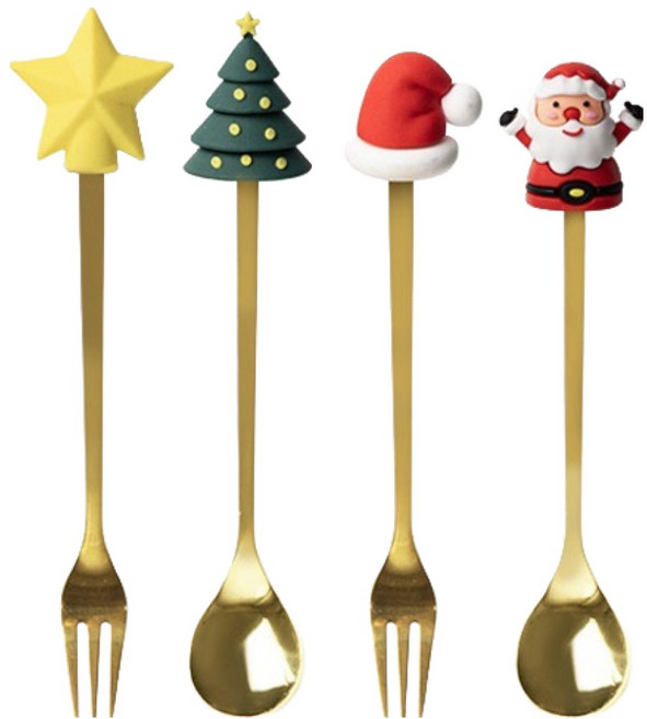 코지테이블 골드 크리스마스 별 타고 온 산타 커트러리 세트, 1세트, 티스푼 2p + 티포크 2p