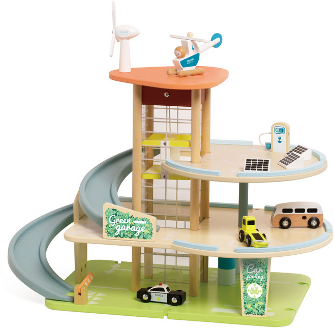 Classic WORLD 客來喜 綠能立體停車塔木頭玩具 50615 55 x 30 x 46.2cm, 原木色 + 綠色, 1個