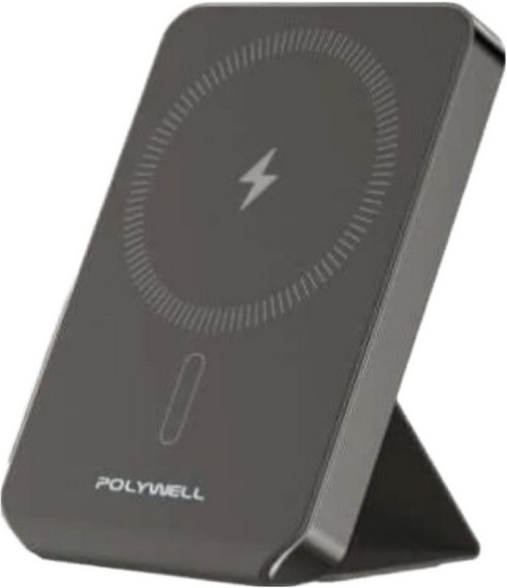 POLYWELL 寶利威爾 磁吸式行動電源 自帶摺疊架, 黑色, DWS015-01