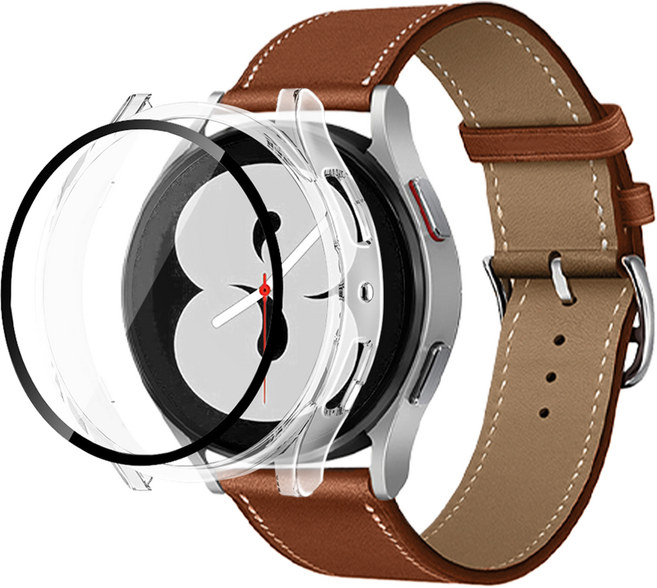 리아몬트 갤럭시워치 하이브리드 가죽 스트랩 + 액정보호 케이스 풀커버, 1세트, 브라운