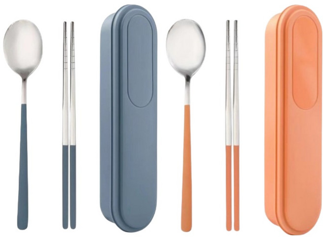 미니모 무소음 휴대용 도시락 수저 2종 세트, 블루스카이+오렌지라임, 1세트, 숟가락 + 젓가락 + 수저케이스