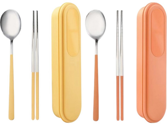 미니모 무소음 휴대용 도시락 수저 2종 세트, 옐로우버터+오렌지라임, 1세트, 숟가락 + 젓가락 + 수저케이스