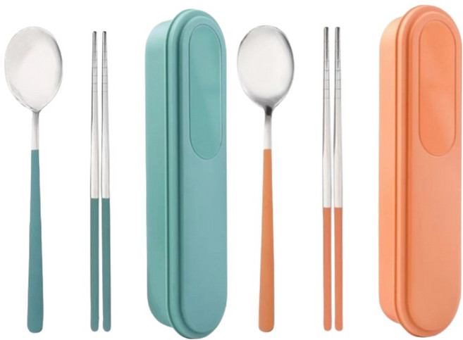 미니모 무소음 휴대용 도시락 수저 2종 세트, 민트그린+오렌지라임, 1세트, 숟가락 + 젓가락 + 수저케이스