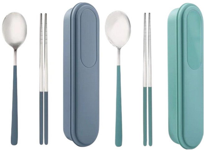 미니모 무소음 휴대용 도시락 수저 2종 세트, 블루스카이+민트그린, 1세트, 숟가락 + 젓가락 + 수저케이스