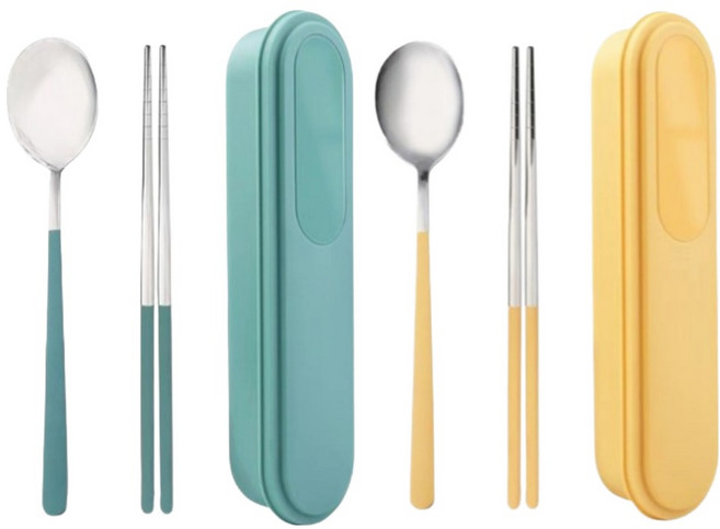 미니모 무소음 휴대용 도시락 수저 2종 세트, 민트그린+옐로우버터, 1세트, 숟가락 + 젓가락 + 수저케이스