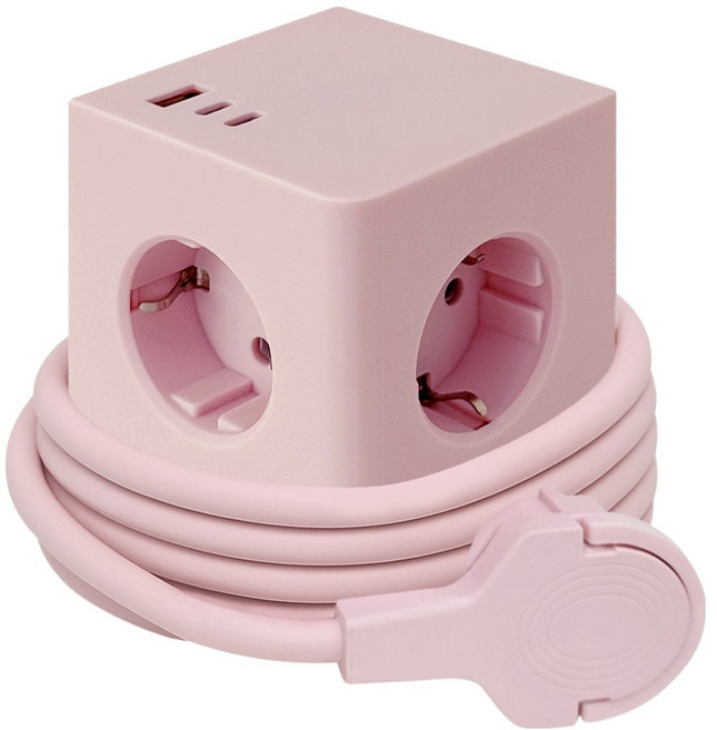 원스탑 제로갭 납작 큐브 고용량 USB C 고속충전 멀티탭 4000W, 1개, 파스텔핑크, 1.8m