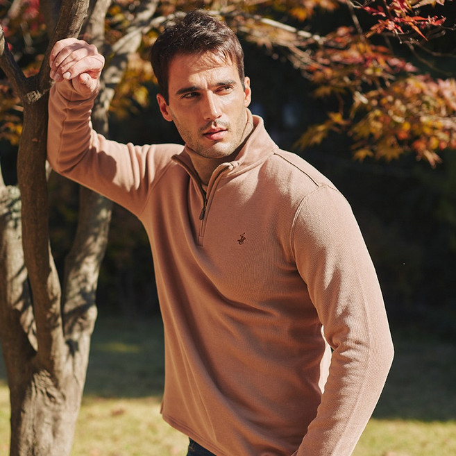 BEVERLY HILLS POLO CLUB 比佛利保羅 男款半拉鍊大學T長袖刷毛運動衫