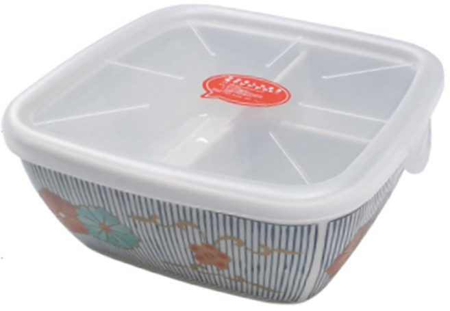 Ervet 微波爐 冰箱 美濃燒 梅土草 方形陶瓷碗 分隔 3格 570ml + 微波爐蓋 套組 EL-1110, 1套, 混合色