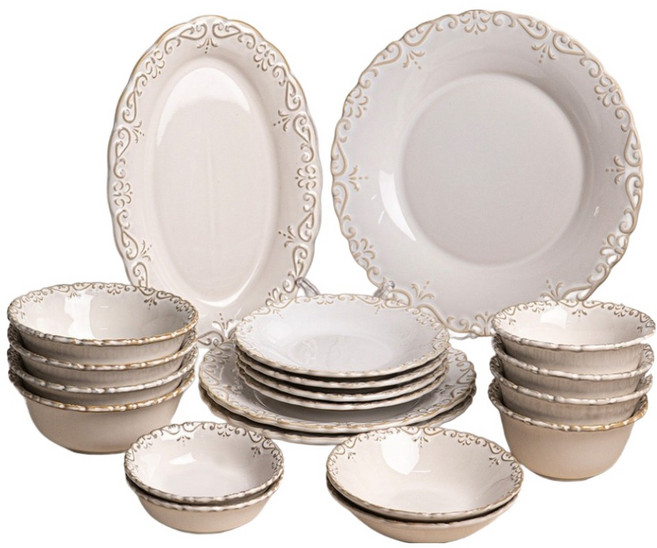 COZY TABLE Olive Romance 復古古董4人韓式餐具組 20p, 單一顏色, 1套, 飯碗 4p + 湯碗 4p + 小菜盤 S x 2p + 小菜盤 M x 2p + 橢圓盤 M + 圓盤 S x 4p + 圓盤 M x 2p + 圓盤 L