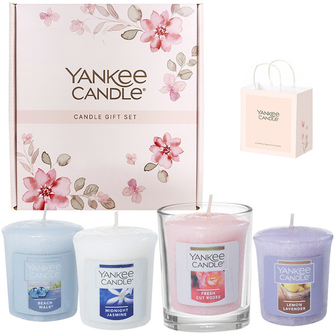 YANKee CANDLe Votive蠟燭4入A款禮盒 + 提袋, 檸檬薰衣草, 午夜茉莉, 清新玫瑰, 海灘漫步, 250g, 1個
