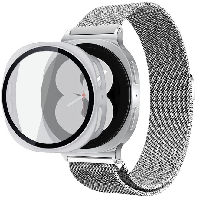 리아몬트 갤럭시워치 밀레니즈 루프 밴드 마그네틱 자석 메탈 스트랩 + 액정보호 케이스 풀커버, 실버, 1세트