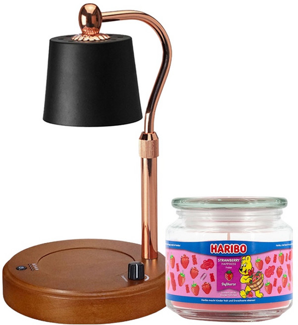 Haribo香氛蠟燭 中型罐 + 可調節高度木質質感融蠟燈套組, 黑色, 草莓幸福