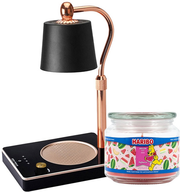 Haribo香氛蠟燭 中型罐 + 可調節高度融蠟燈套組, 黑色, 哈密瓜綜合