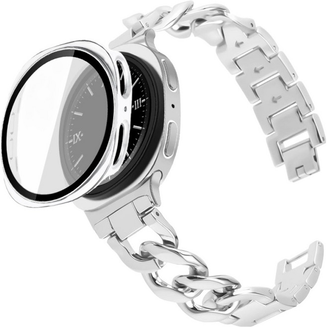 리아몬트 갤럭시워치 브레이슬릿 체인 메탈 스트랩 + 액정보호 케이스 풀커버 세트, 1세트, 실버