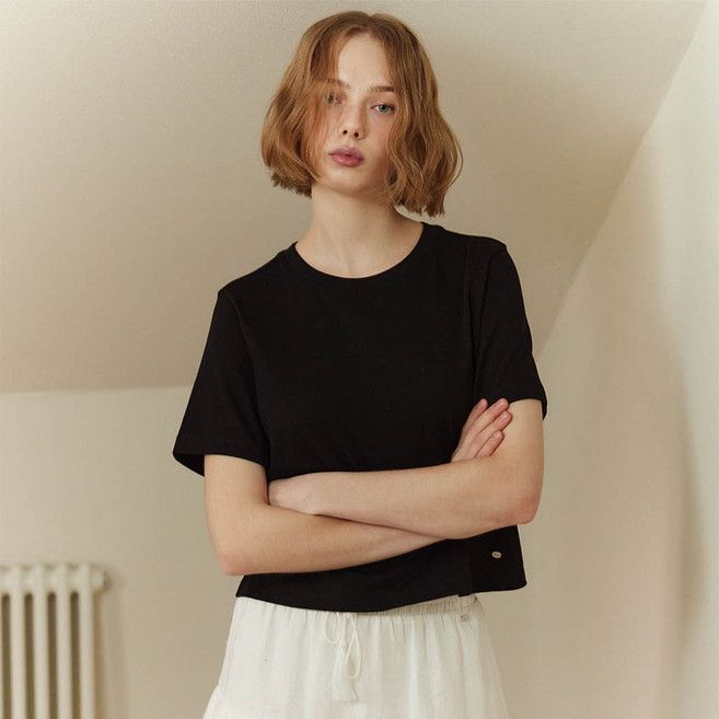 게스 여성용 라운드넥 쁘띠 크롭 에브리데이 면 반팔 티셔츠 OP2K5401BLKM