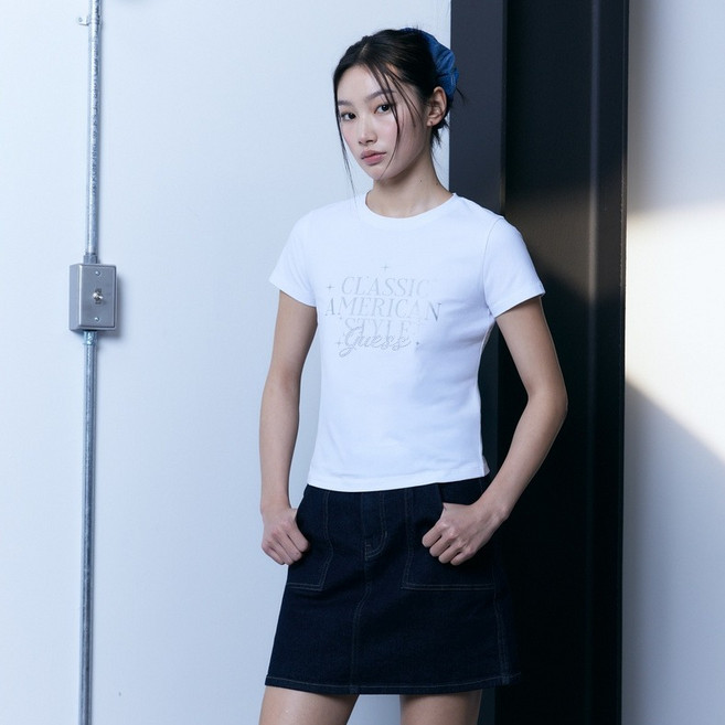게스 여성용 클래식어메리칸 핫픽스 반팔 티셔츠 OP2K5404WHTS