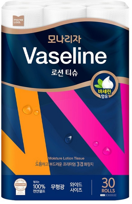 모나리자 바세린 로션 와이드 펄프 3겹 고급롤화장지, 1개, 30롤, 30m