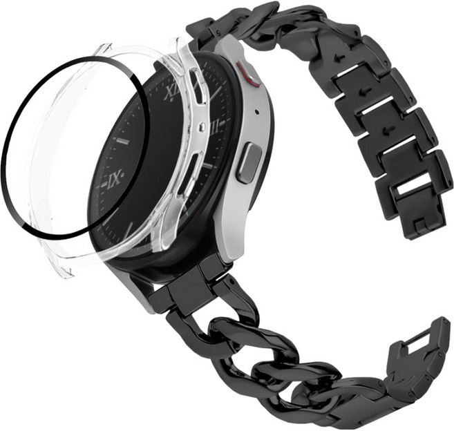 리아몬트 갤럭시워치 브레이슬릿 체인 메탈 스트랩 + 액정보호 케이스 풀커버 세트, 1세트, 블랙