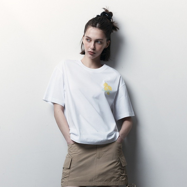 게스 여성용 플라워 프린트 오버핏 면 반팔 티셔츠 OP2K5418IVYM