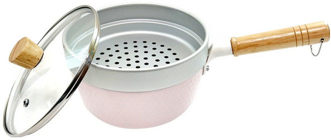 IDINA 便利鍋 IH 陶瓷錘紋鍋 + 玻璃鍋蓋 + 蒸籠套組 粉紅色, 1套, 20cm