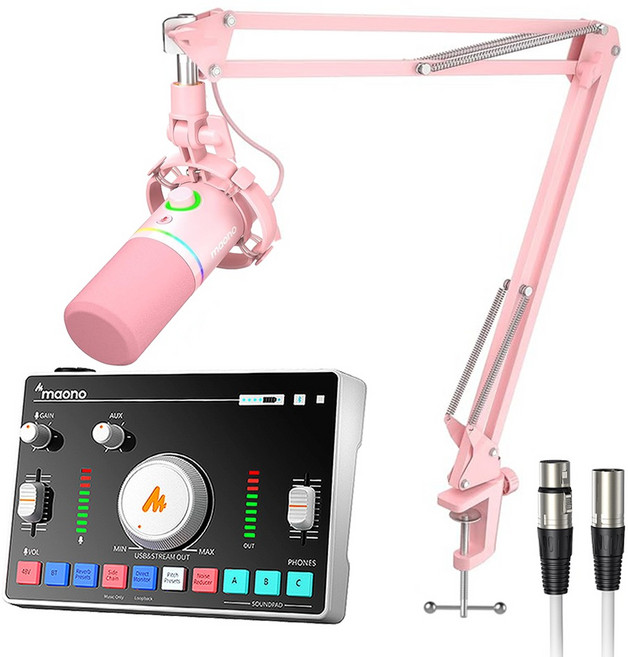 마오노 캐스터 오디오 믹서 마이크 스탠드 케이블 올인원 패키지, 화이트(오디오 믹서, 케이블), 핑크(마이크 스탠드), AMC2NEO(오디오 믹서), PD200XS(마이크 스탠드), MKC-200(케이블)
