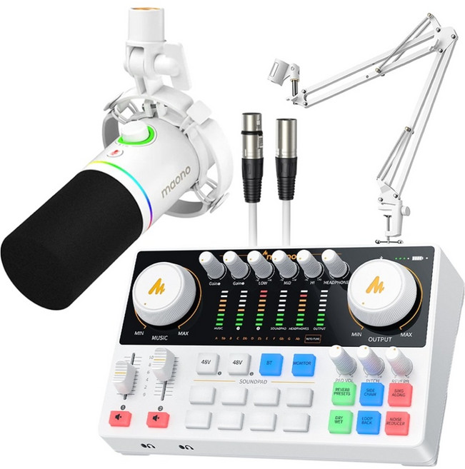 마오노 캐스터 스트리밍 오디오 믹서 휴대용 블루투스 인터페이스 XLR USB 다이나믹 마이크 스탠드 화이트 패키지 세트, AME2 Gen2 화이트, PD200X 화이트+XLR 케이블(화이트), BA20화이트